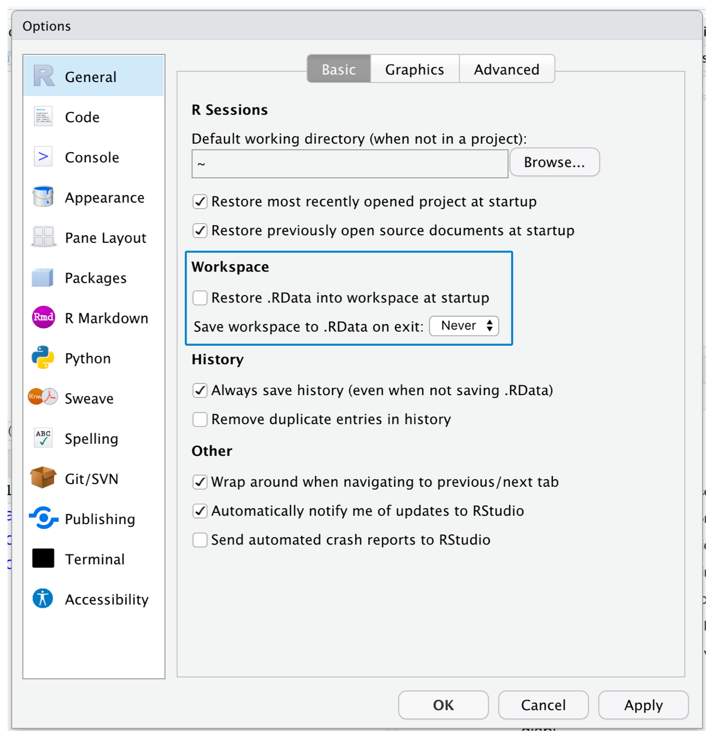 "Restore .RData into workspace at startup" seçeneğinin işaretlenmediği RStudio Global Options penceresi. Ayrıca, "Save workspace to .RData on exit" seçeneği "Never" olarak ayarlanmıştır. 