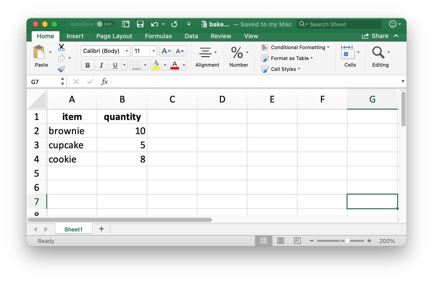 Daha önce oluşturulan bake_sale veri çerçevesinin Excel'deki görünümü.