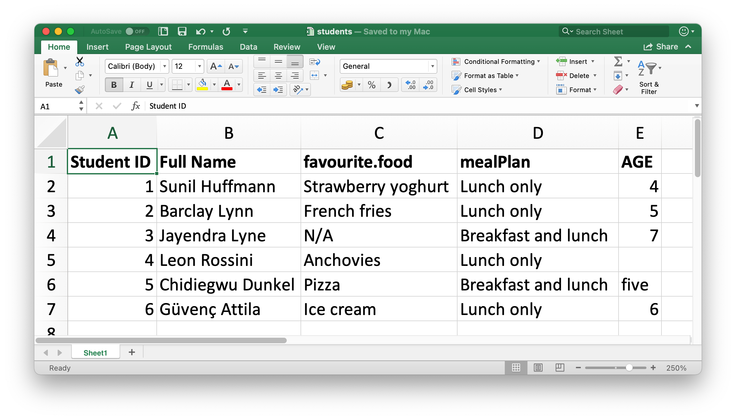 students hesap çizelgesinin Excel'deki görünümü. Çizelge altı öğrencinin kimliğini, tam adını, sevdiği yemeği, yemek planını ve yaşını içeriyor.