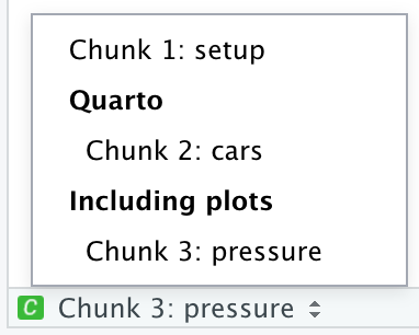 RStudio IDE'nin yalnızca üç blok gösteren açılır kod gezginini içeren kesiti. 1. blok setup'tır. 2. blok cars'tır ve Quarto adlı kısımdadır. 3. blok pressure'dır ve Including plots adlı kısımdadır.