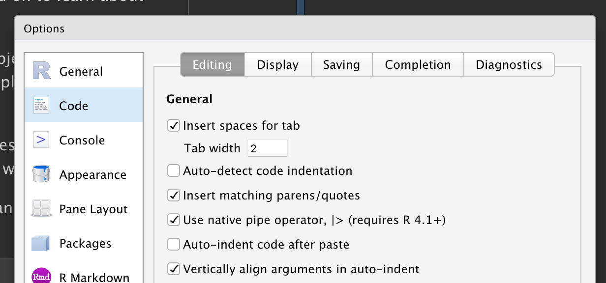 "Code" seçeneklerinin "Editing" panelinde bulunabilen "Use native pipe operator" seçeneğini gösteren ekran görüntüsü.